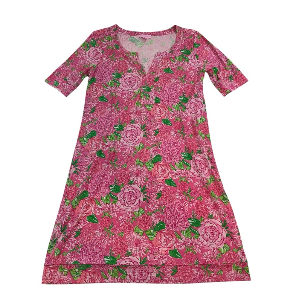 Lilly Pulitzer 100% Silk Rose Floral Split Neck SS Dress Pink Sz 8 No Belt - Picture 3 of 12